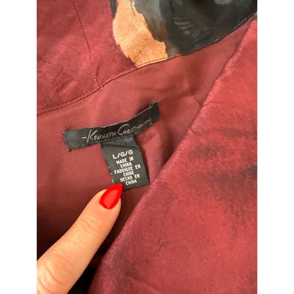 Kenneth Cole Silk Mini Dress Maroon Geometric Floral Vintage Styled Boho Size L - Picture 5 of 7